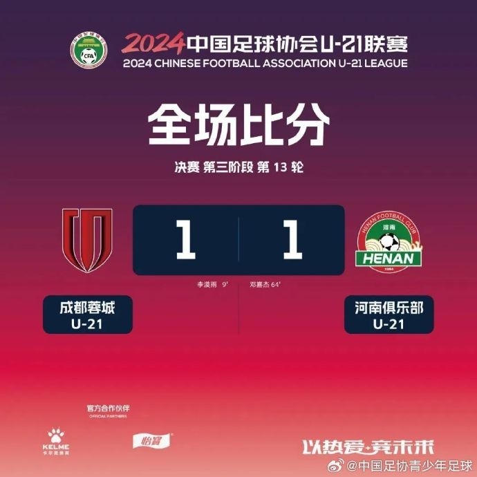 U21联赛决赛第三阶段第13轮赛果+积分榜+射手榜